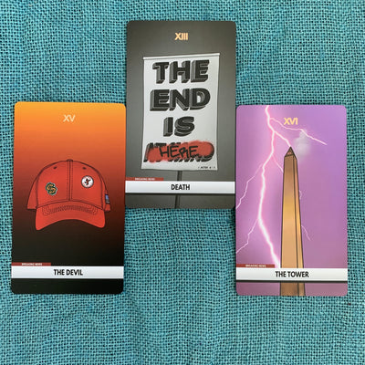 cards from the 2020 Visions Tarot: The Devil, Death and the Tower
