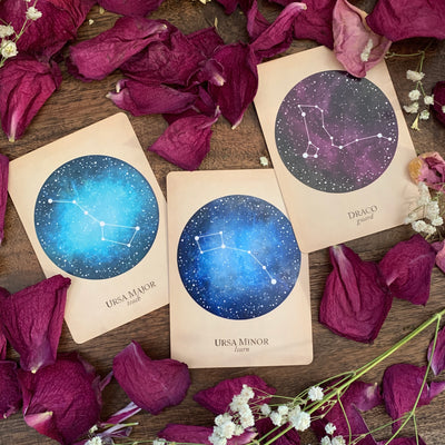 Ursa Major, Ursa Minor and Draco cards from the keyword edition of the Compendium of Constellations