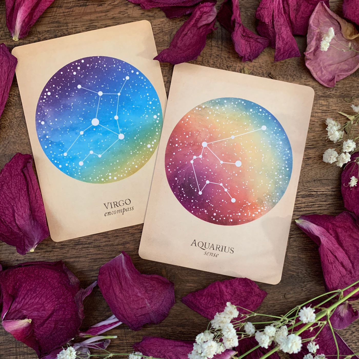 Virgo and Aquarius card from The Compendium of Constellations keyword edition 