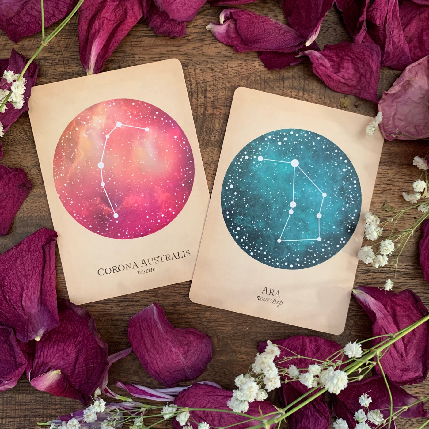 Corona Australis and Ara cards from The Compendium of Constellations: keyword edition 