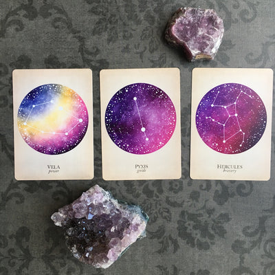Vela, Pyxis and Hercules cards from The Compendium of Constellations keyword edition 
