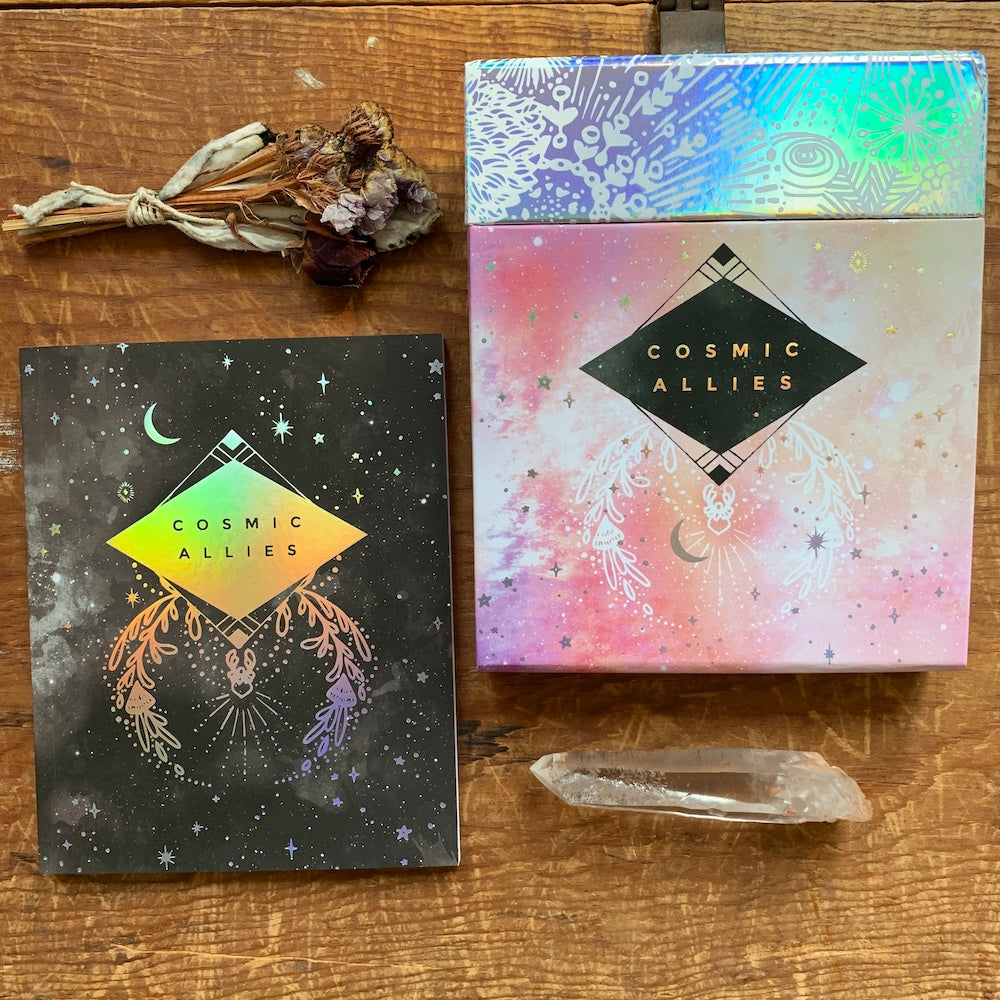 Cosmic Allies Altar Cards box and guidebook with silver foil. Indie oracle deck by Nicole Piar.