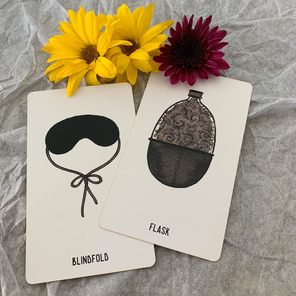 Blindfold and Flask cards from the indie Empty Cup Oracle deck