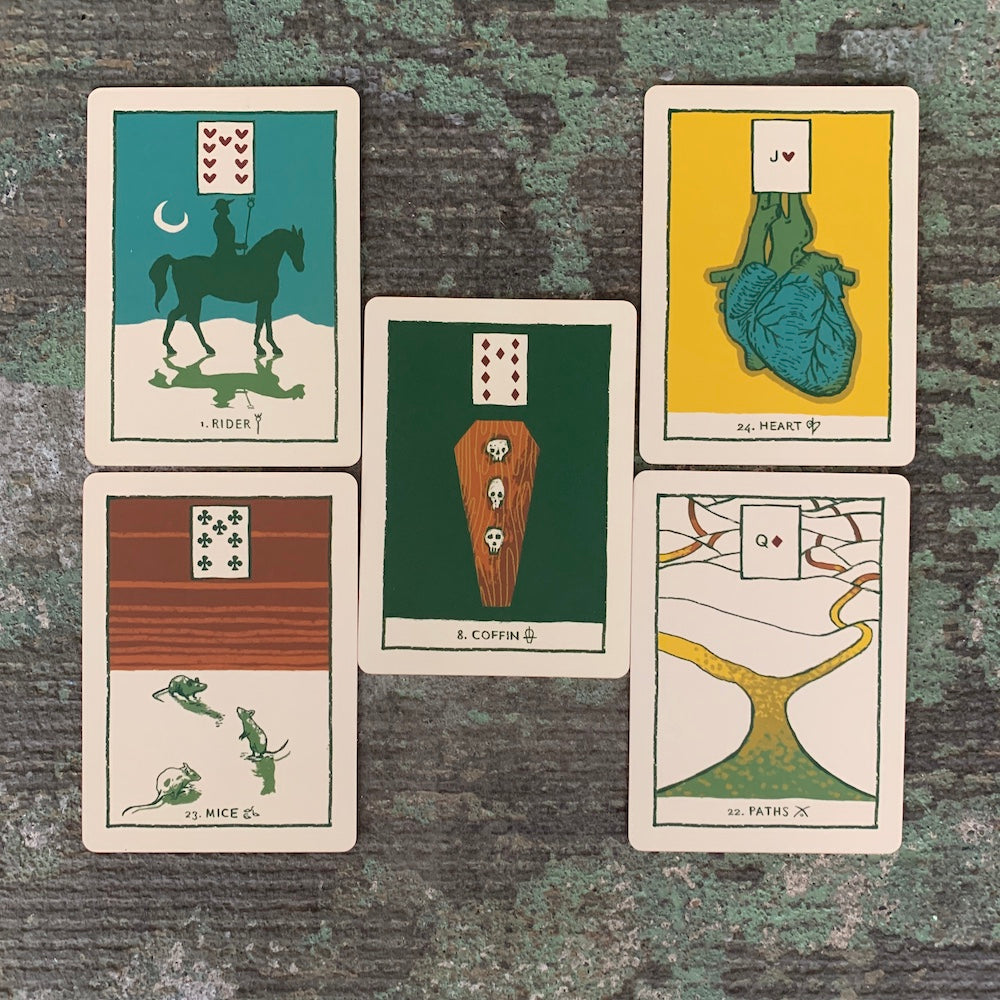 Rider, Mice, Coffin, Heart  and Paths cards from the Green Glyphs Lenormand