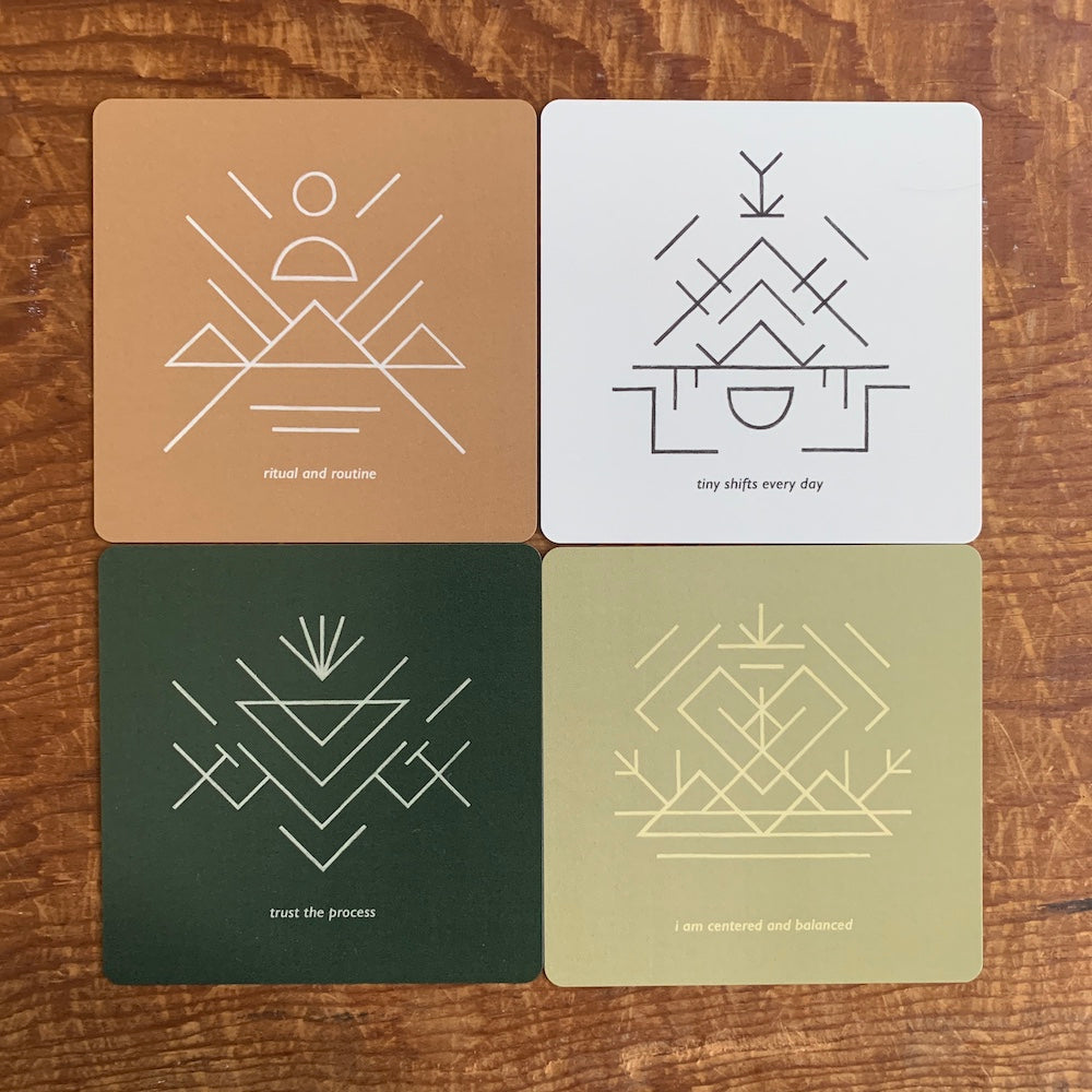 Four cards from the Hollow Valley Sigil Oracle, a square oracle deck. 