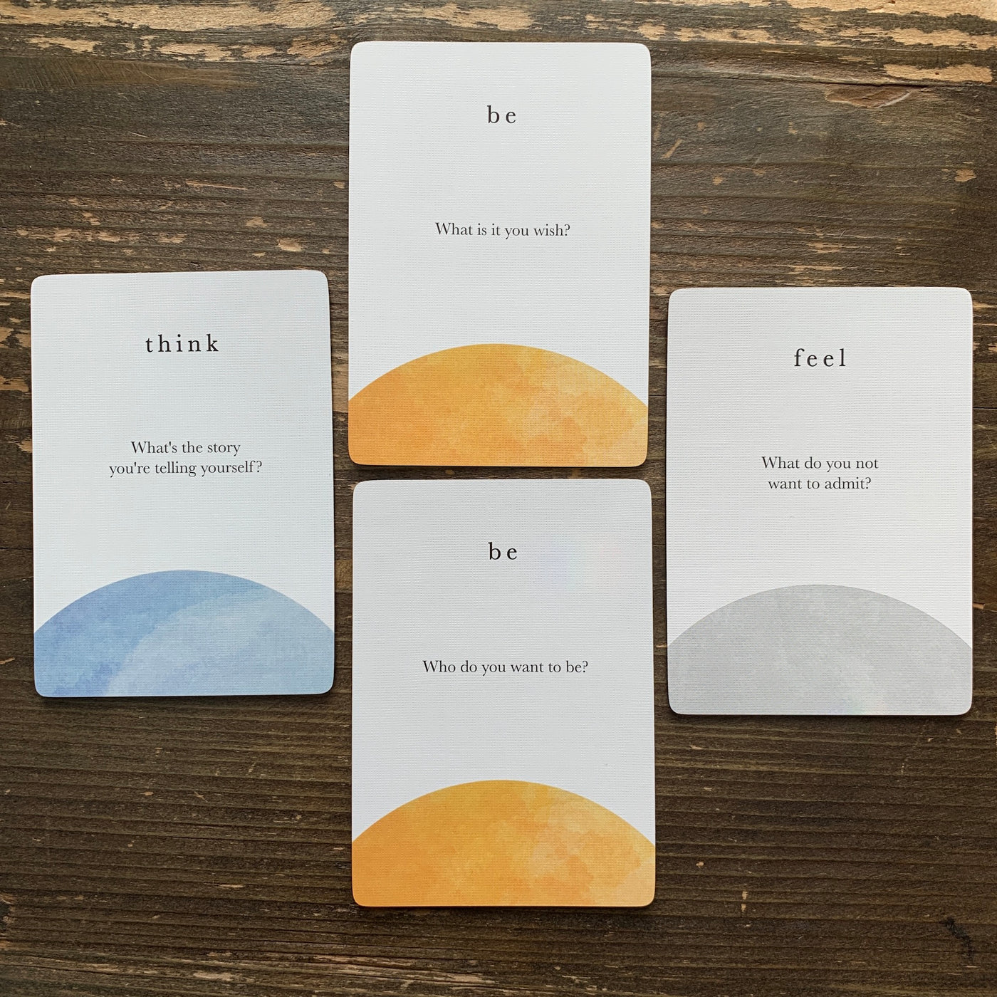 four cards from the compass cards deck reflecting the think, be and feel categories