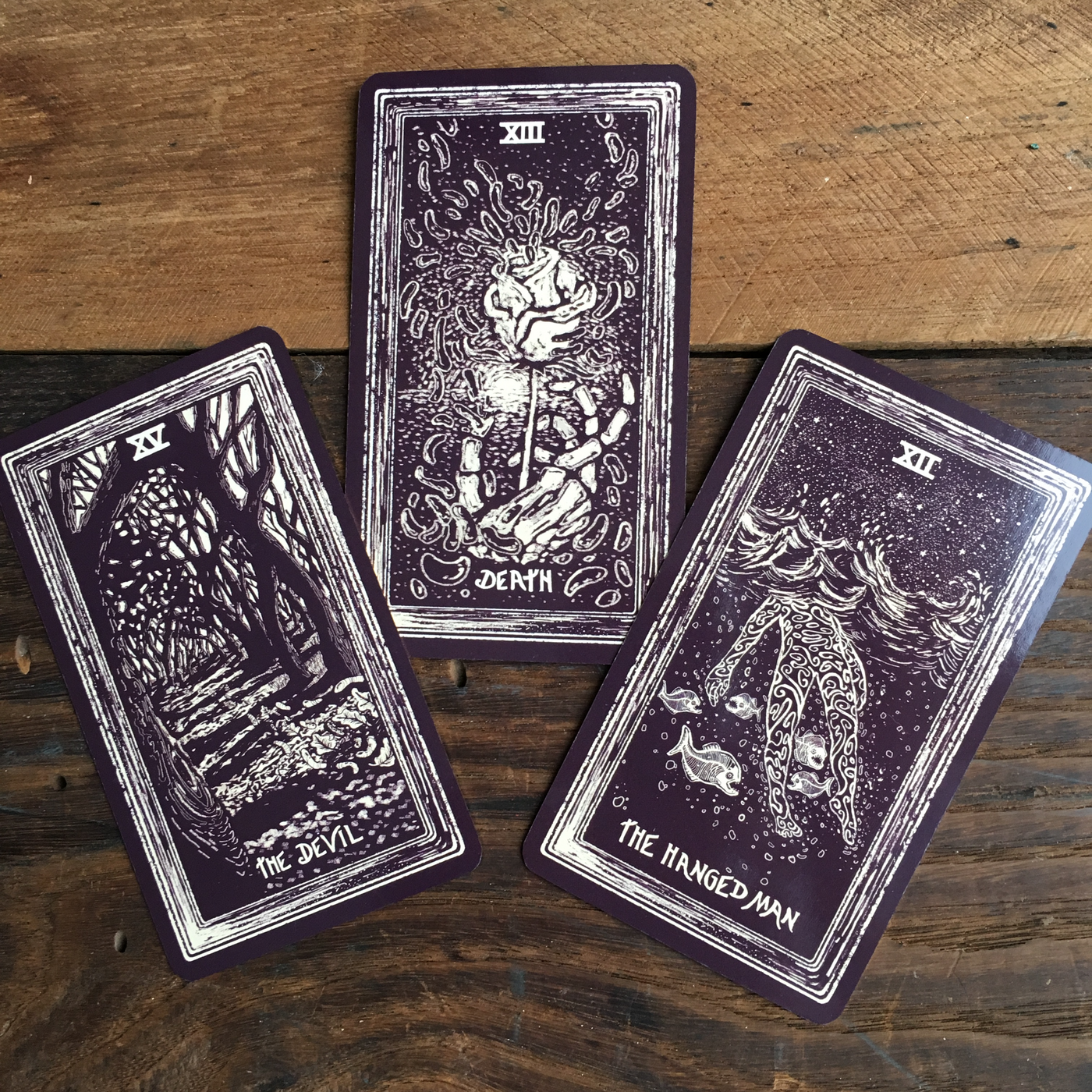 Death, Hanged Man and the Devil cards from Light Visions Tarot