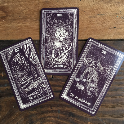 Death, Hanged Man and the Devil cards from Light Visions Tarot