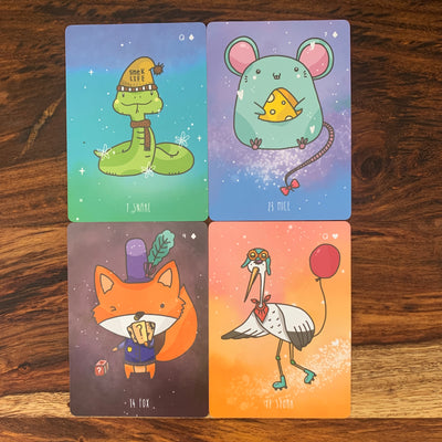 Some of the animals from the Sparkly Lenormand: Snake, Mouse, Fox and Stork